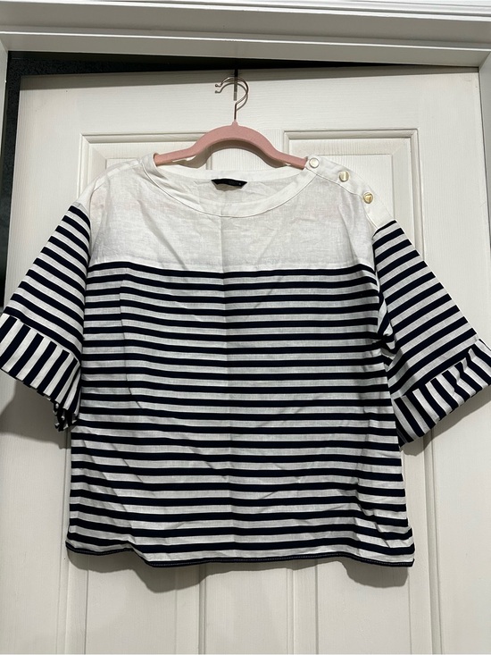 Zara Tops - Zara Navy and White Striped Short Sleeve Button-Shoulder Top